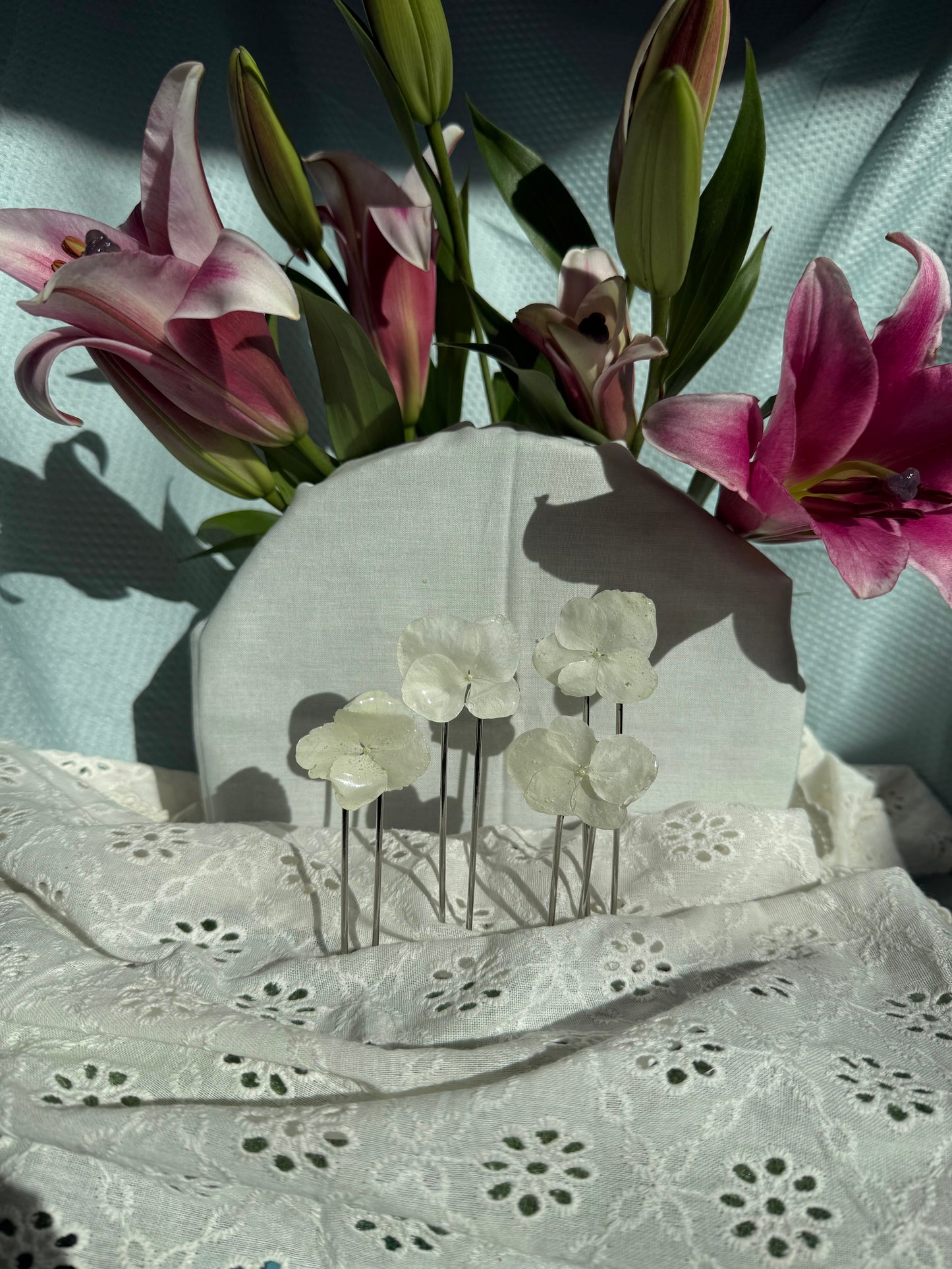 White hydrangea hairpins